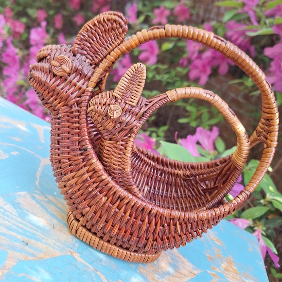 2 Vintage Wicker Basket Art Bunny Rabbit Woven Basket Animal Boho Easter Decor - Picture 16 of 16